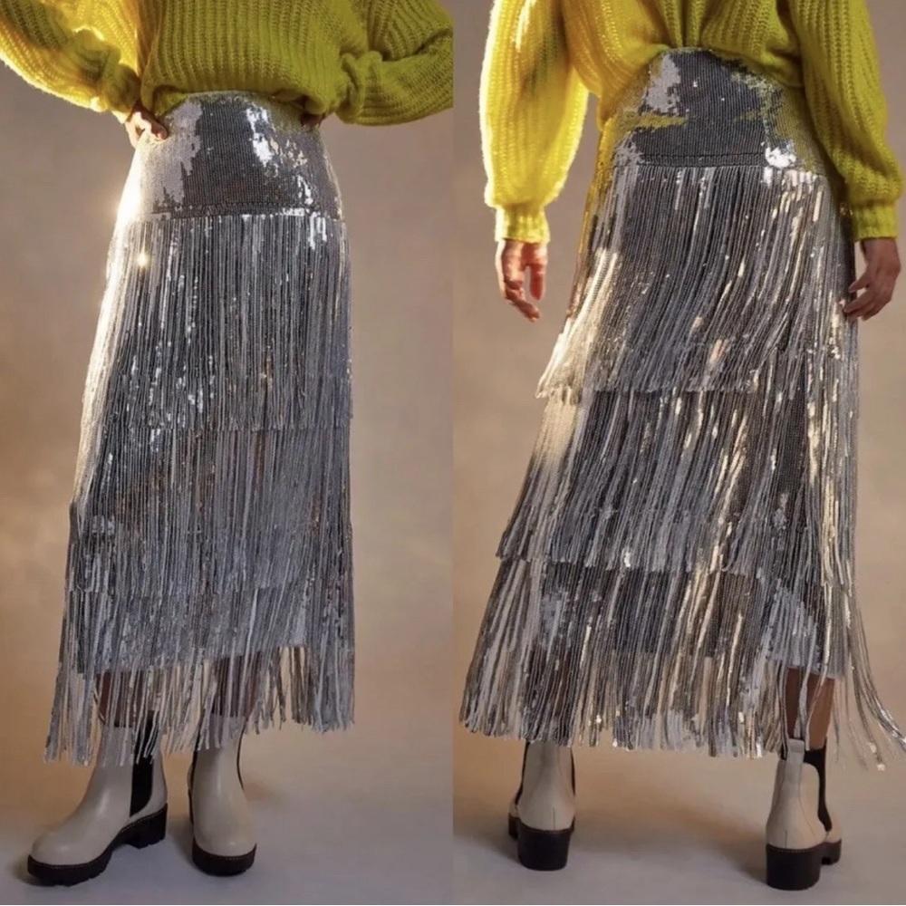 Silver Sequin Fringe Skirt